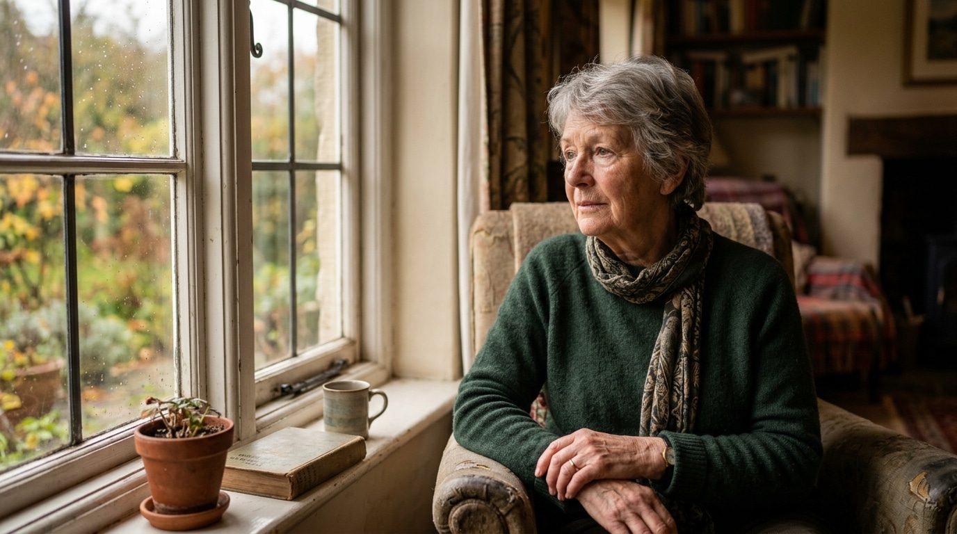 Personne âgée assise seule près d'une fenêtre