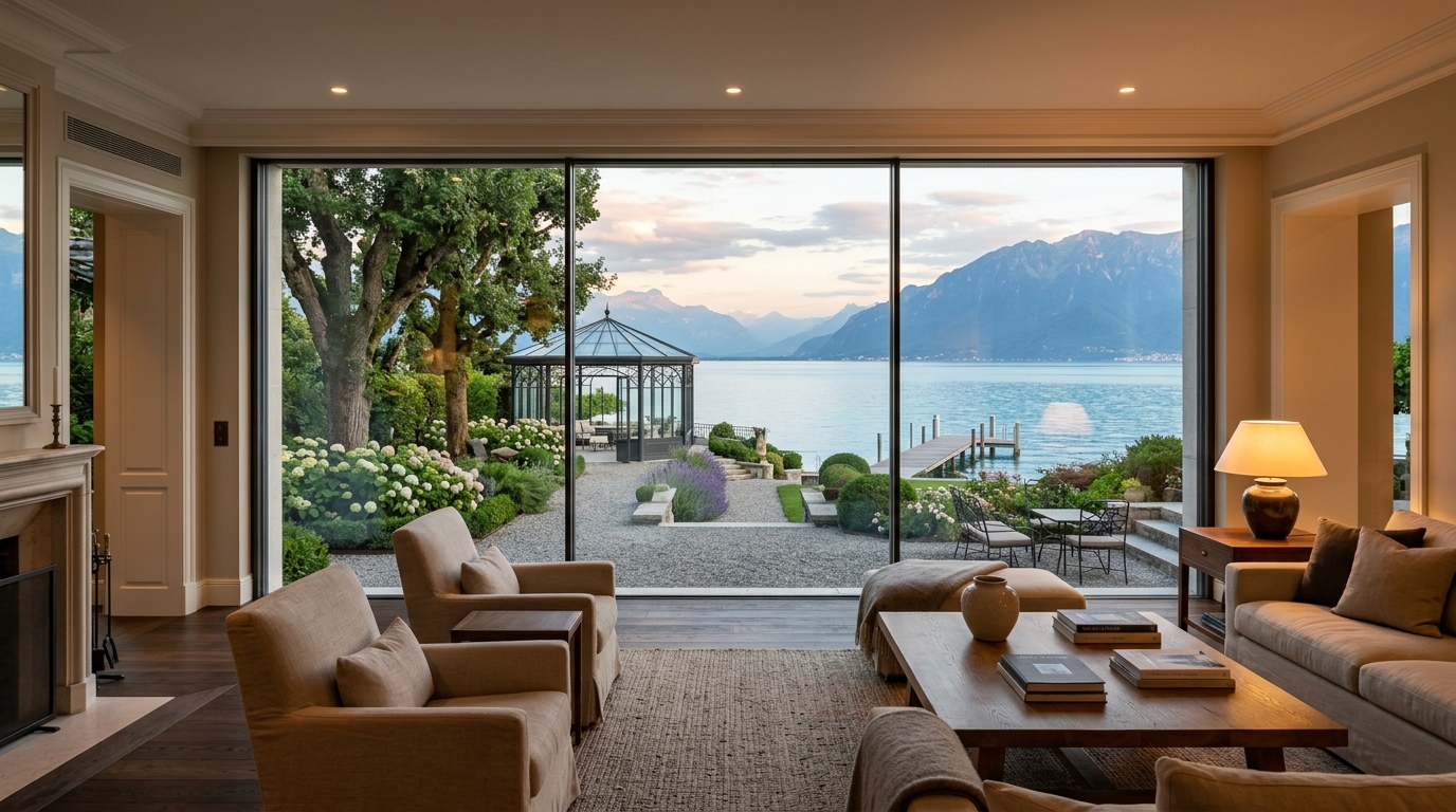 Fenêtre donnant sur un jardin privé au bord du lac Léman