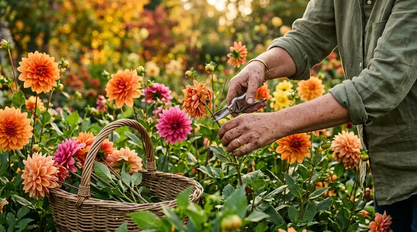 Mains coupant des fleurs fanées de dahlias au jardin