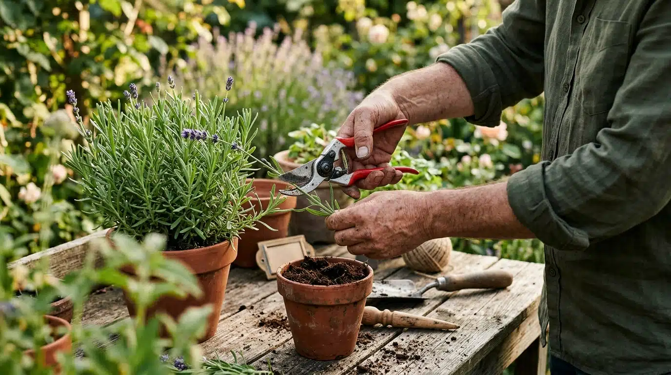 Bouture de lavande posée près d'un pot de compost