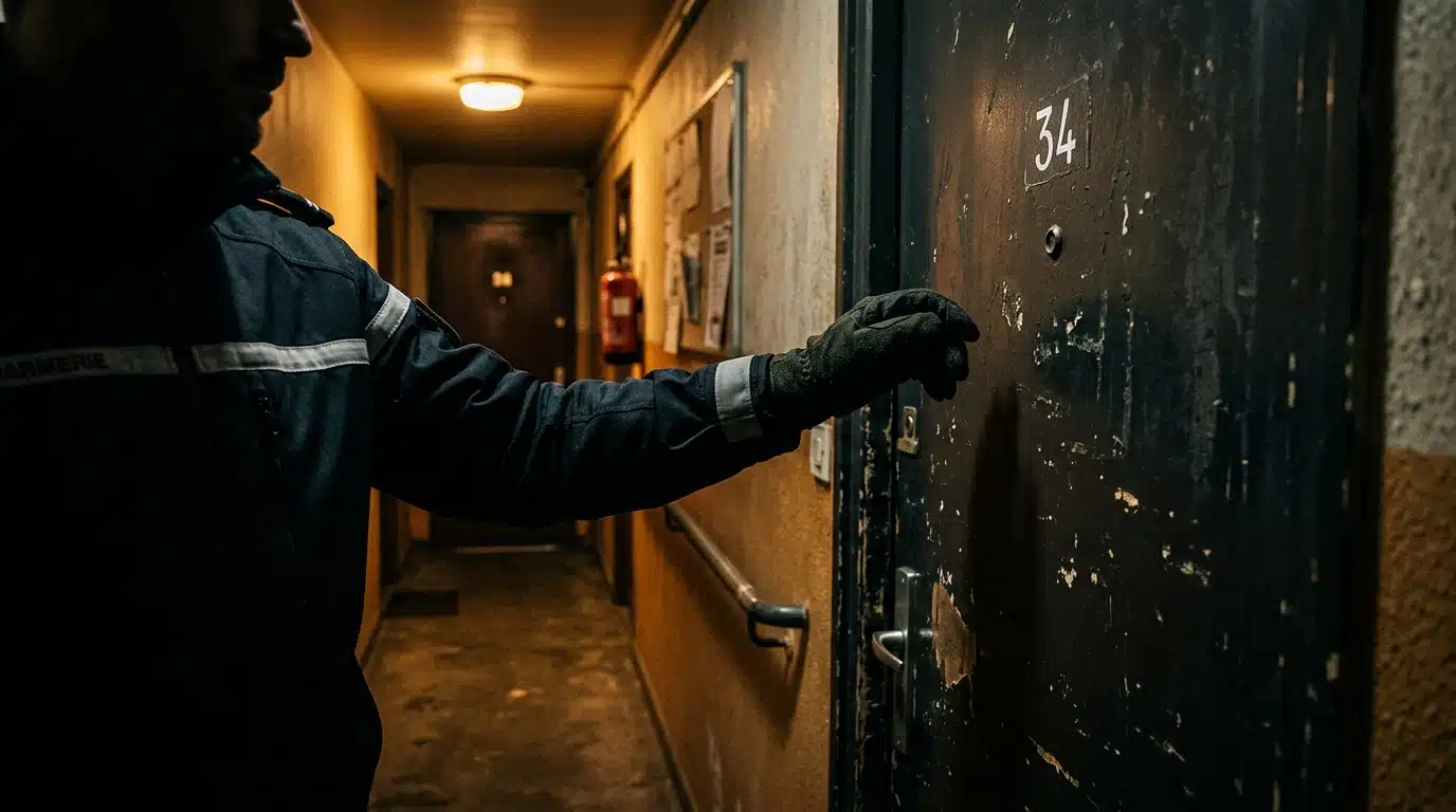 Porte d'appartement dans un couloir sombre la nuit