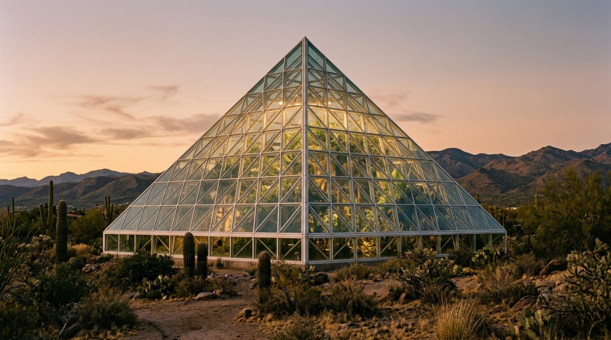 Serre géante en verre et acier dans le désert d'Arizona
