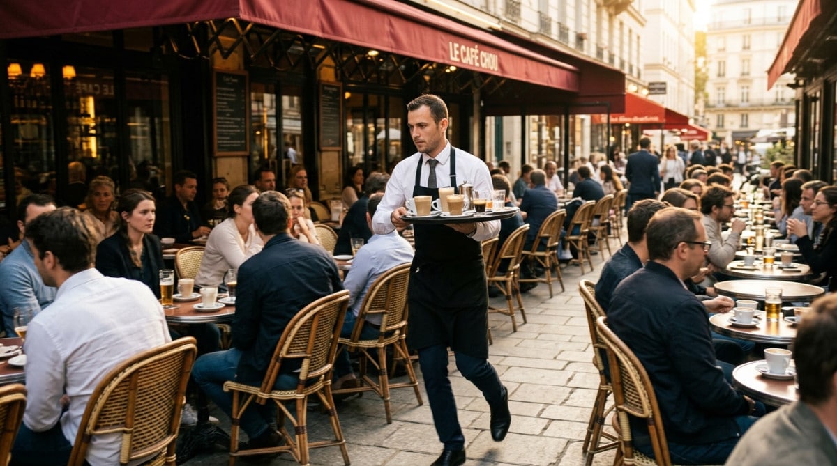 Serveur circulant entre les chaises de terrasse