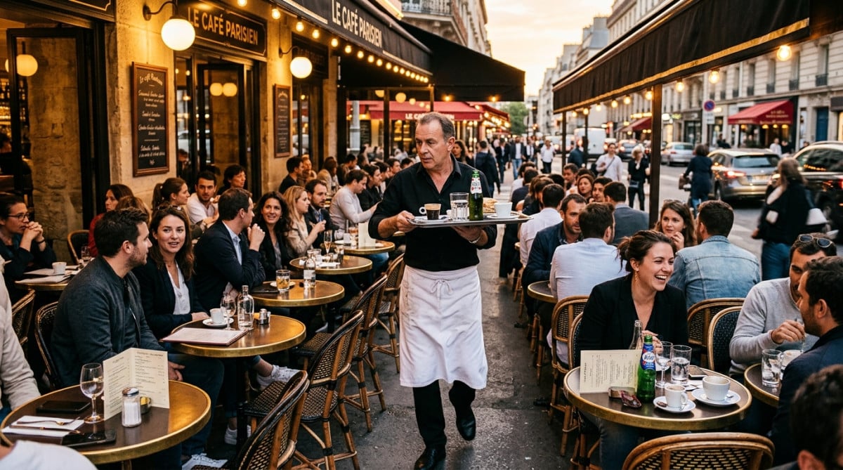 Serveur circulant entre les tables rondes d'une terrasse