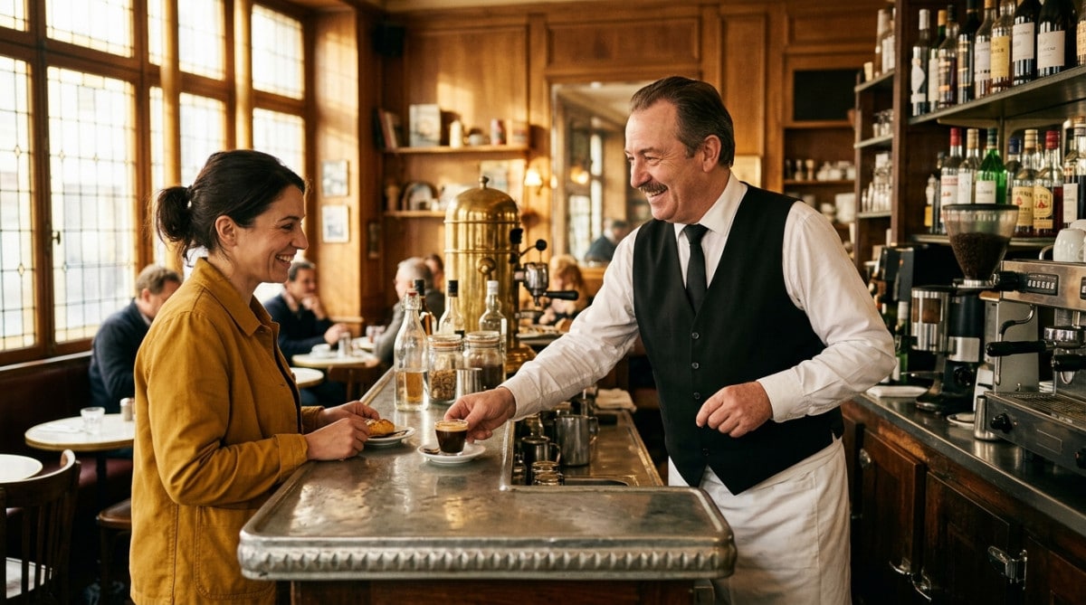 Serveur français sert un café au comptoir