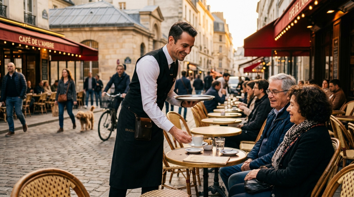 Serveur posant un café sur une table en terrasse parisienne