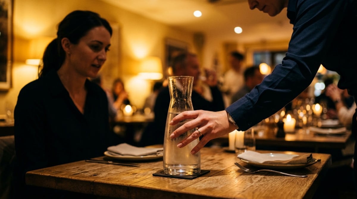 Serveur posant une carafe d'eau sans explication