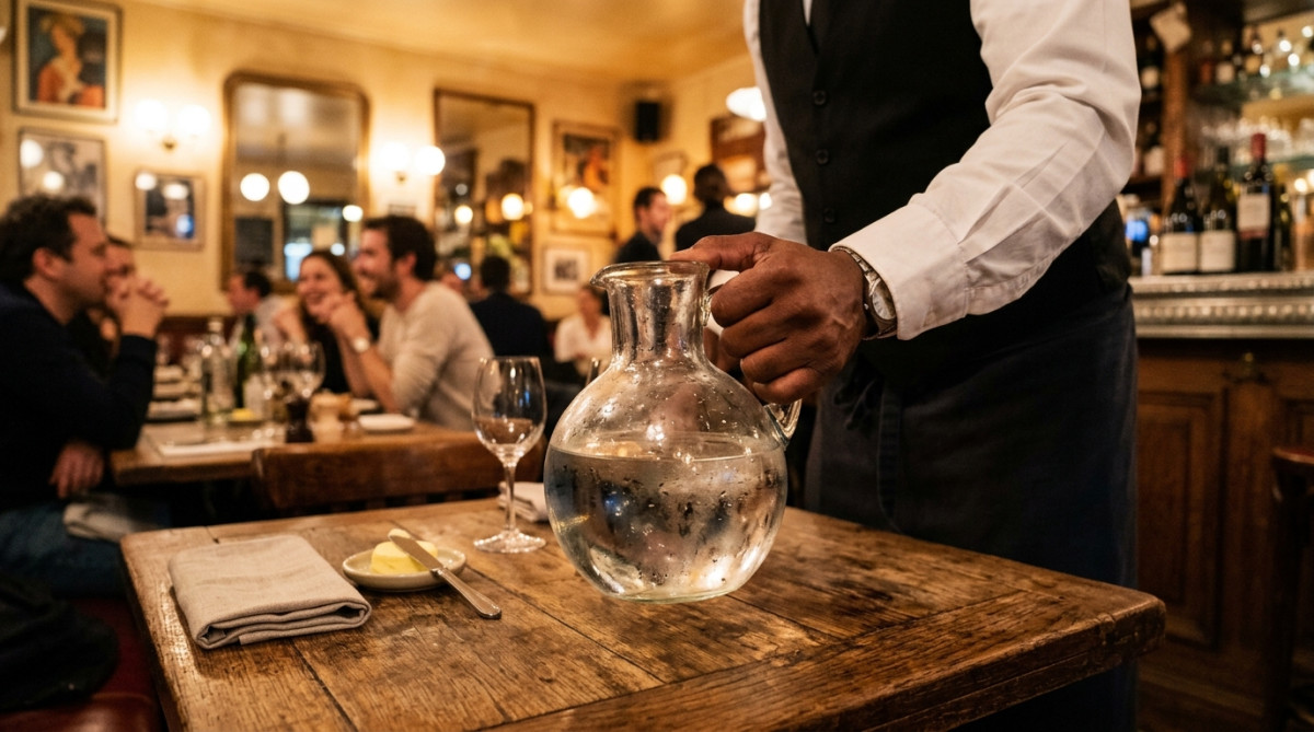 Serveur pose une carafe d'eau sur une table de restaurant