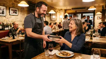 Serveur remet une boîte doggy bag à un client