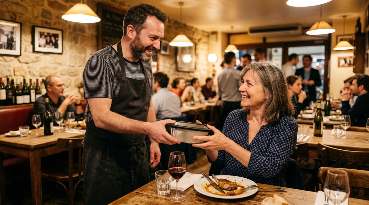 Serveur remet une boîte doggy bag à un client