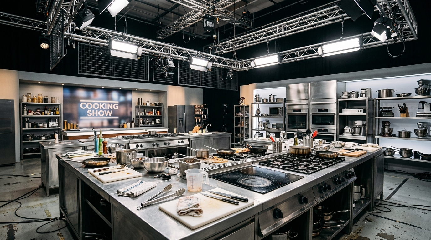 Studio de cuisine télévisé vide à l'ambiance tendue