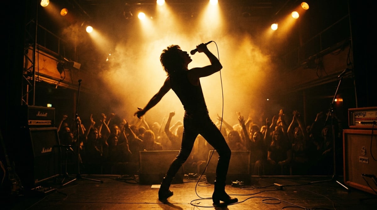Silhouette de rockstar sur scène dans une ambiance dorée