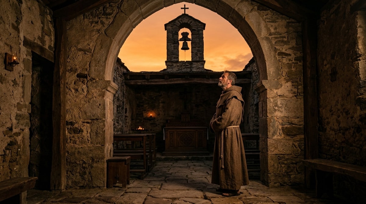Silhouette en habit religieux devant une église au coucher du soleil