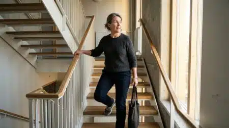 Personne montant un escalier intérieur en tenant la rampe