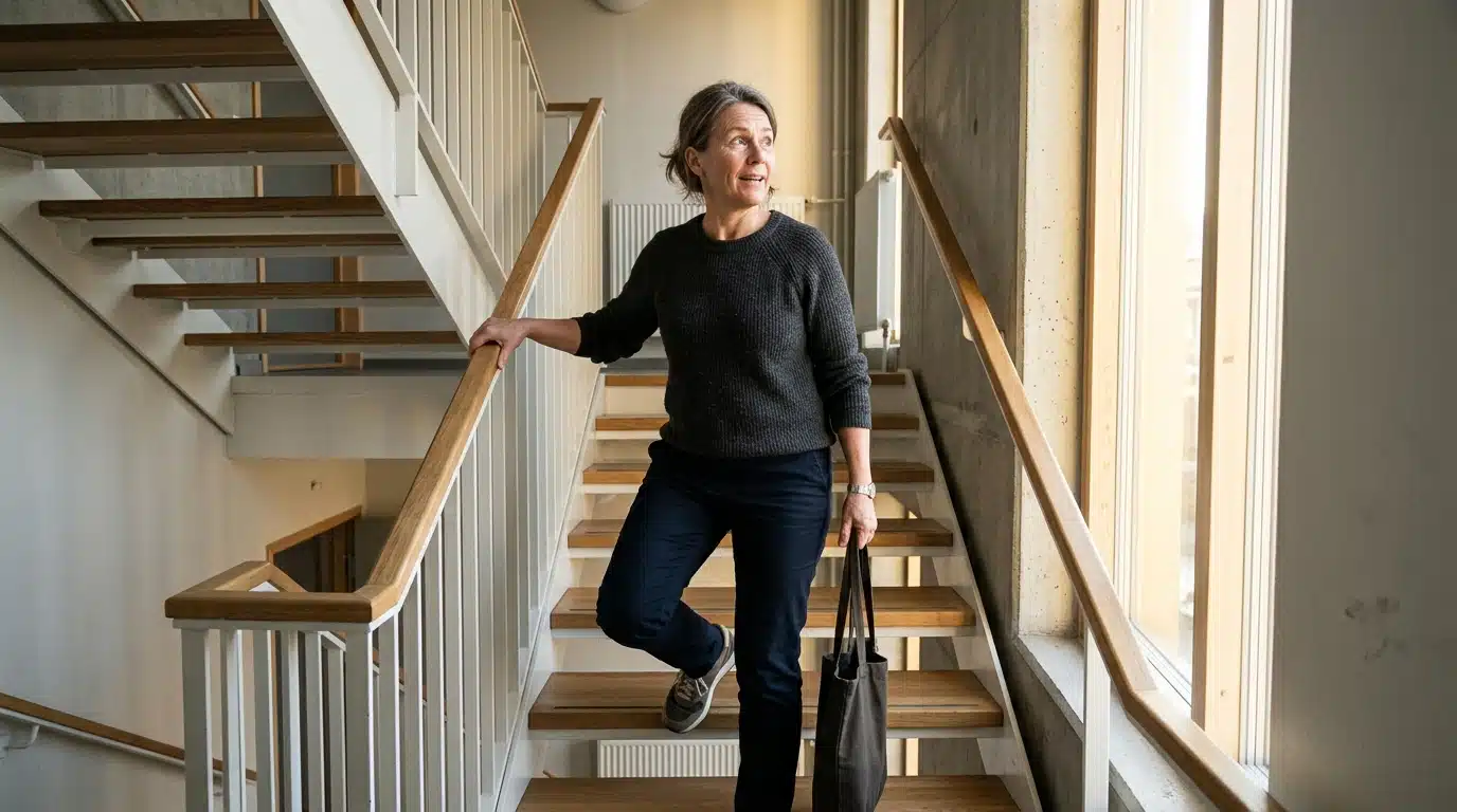 Personne montant un escalier intérieur en tenant la rampe