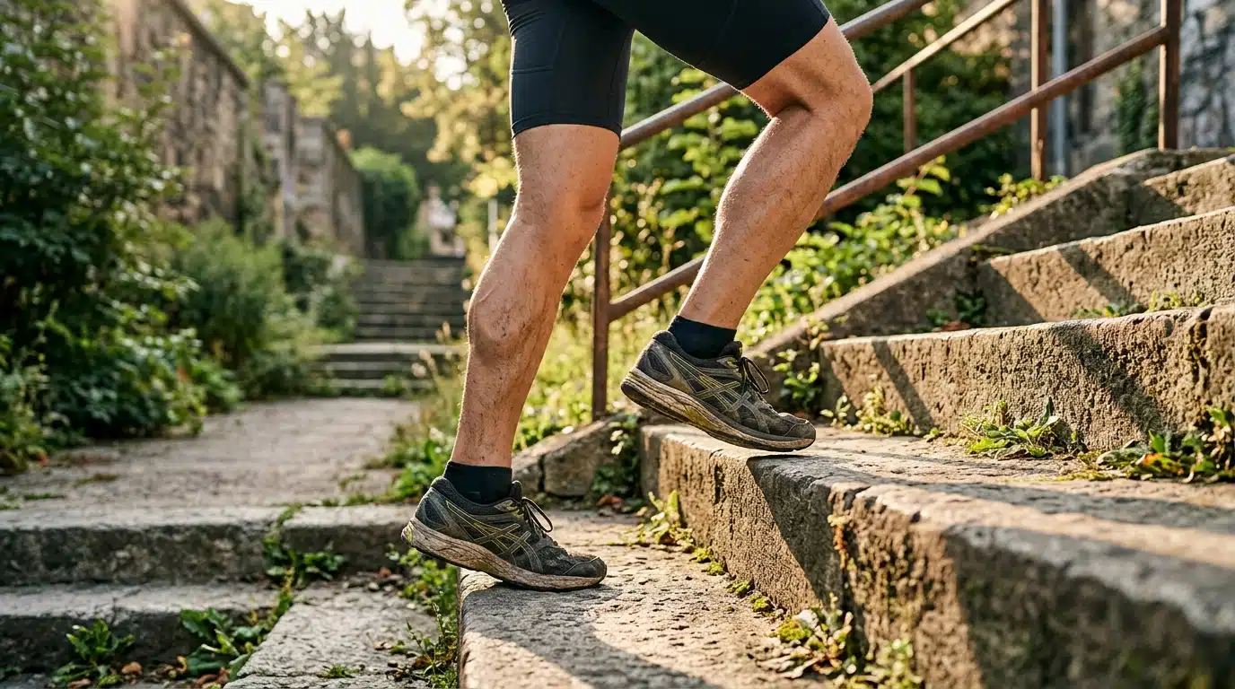 Gros plan sur des jambes gravissant des marches en pierre