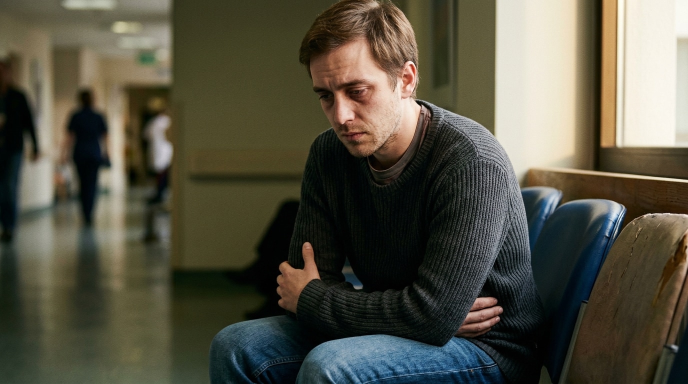 Jeune homme assis aux urgences, main sur le ventre