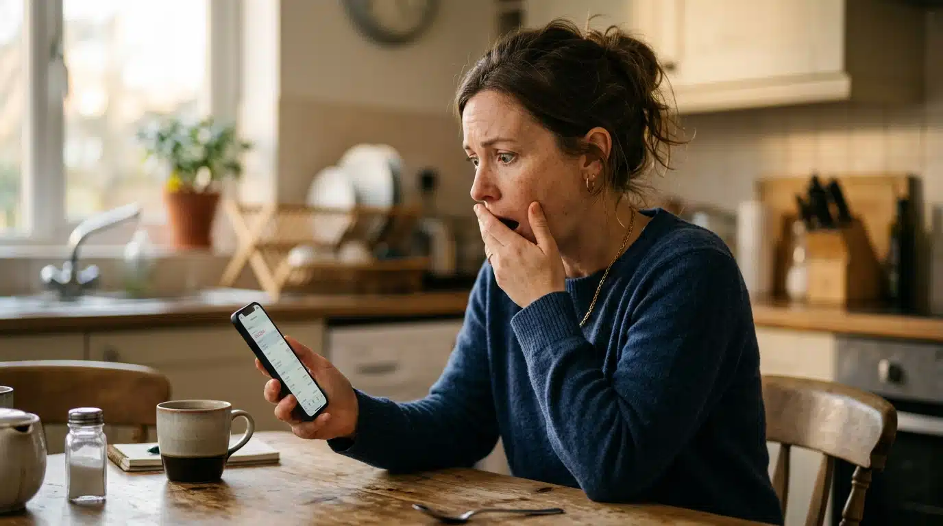 Femme choquée devant un relevé bancaire sur smartphone
