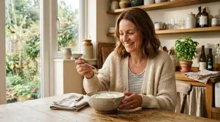 Femme souriante préparant un bol de fromage blanc