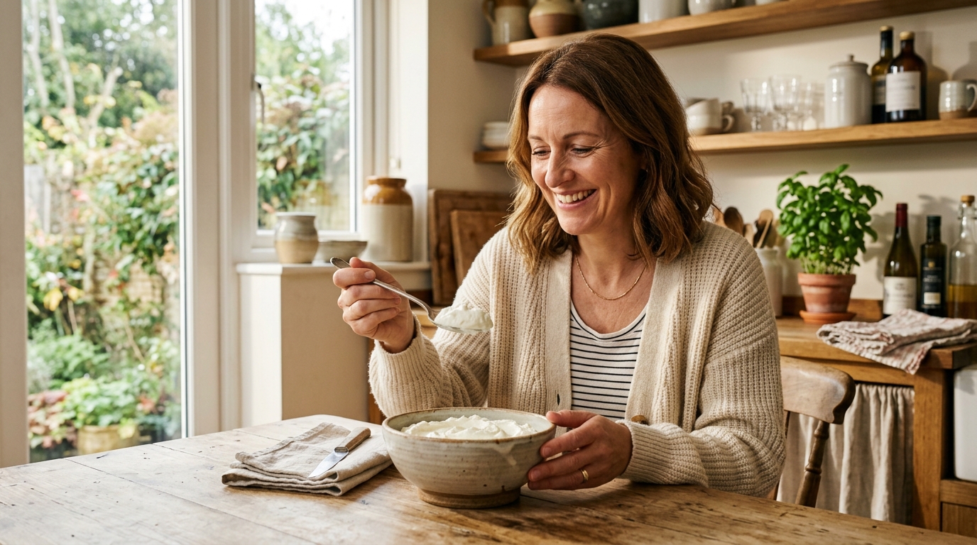 Femme souriante préparant un bol de fromage blanc