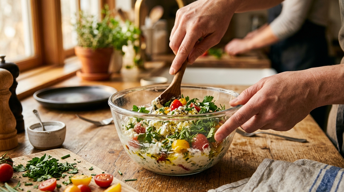 Préparation d'un bowl salé au cottage cheese