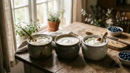 Trois pots de produits laitiers frais sur un comptoir