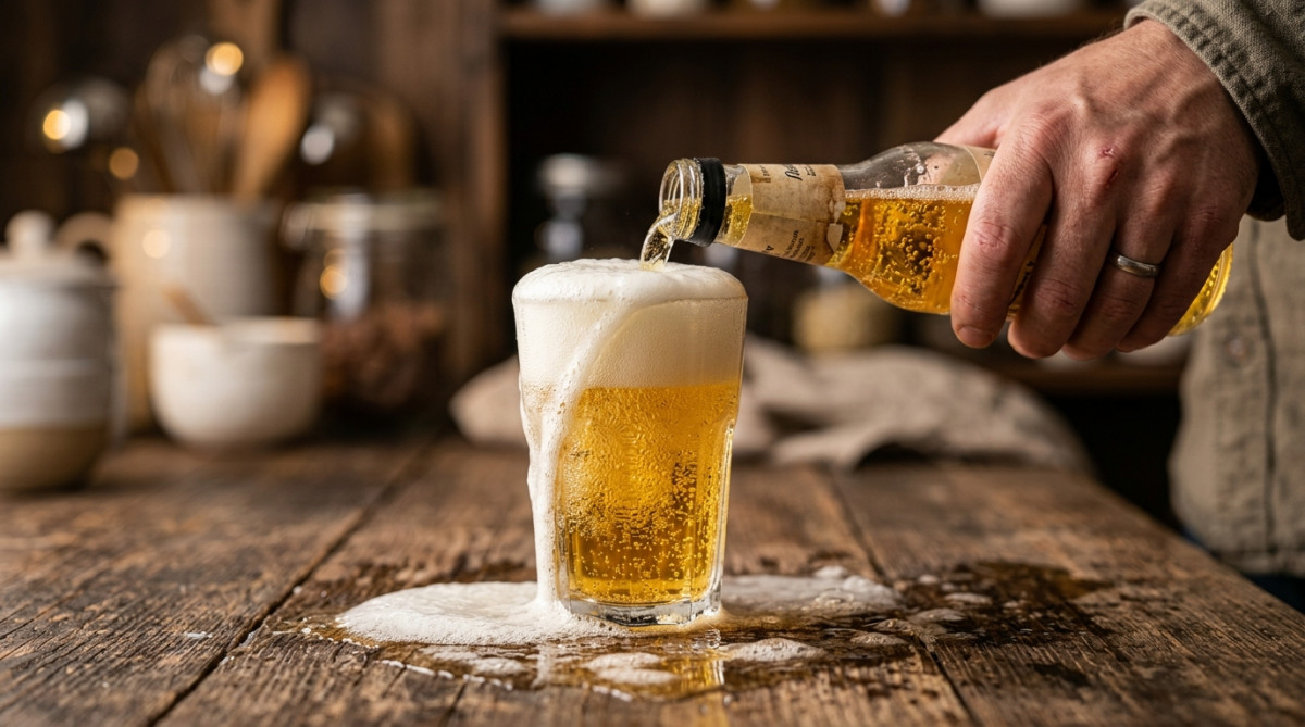 Soda qui mousse et déborde d'un verre fraîchement lavé