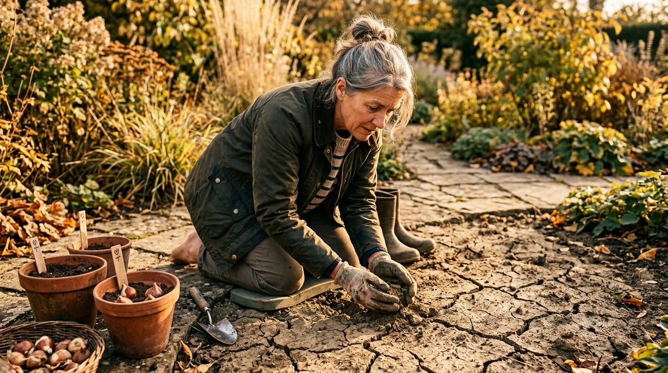 Jardinier examinant un sol de jardin sec et craquelé