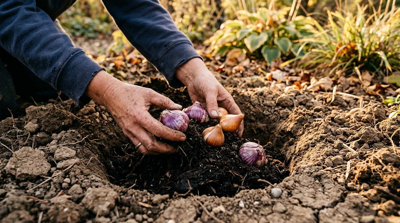 Plantation de bulbes de tulipes dans un trou avec compost
