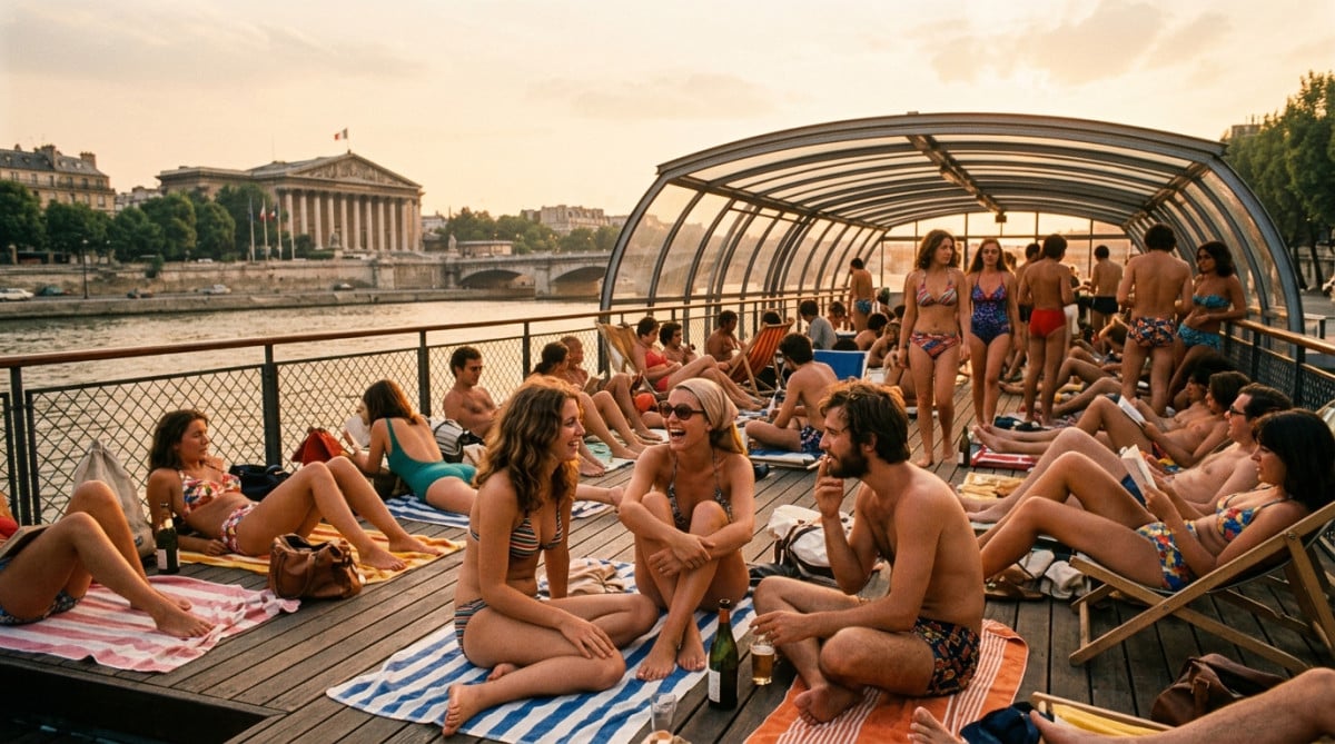 Solarium de la piscine Deligny dans les années 1970 à Paris