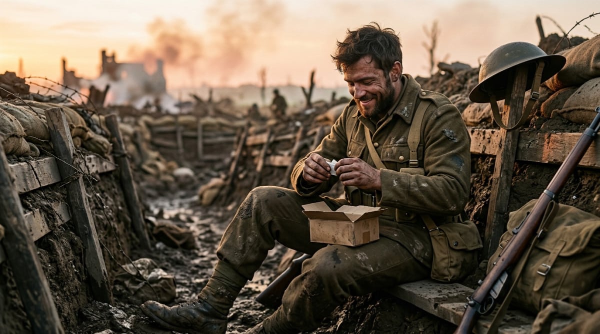 Soldat dans une tranchée avec un chewing-gum militaire