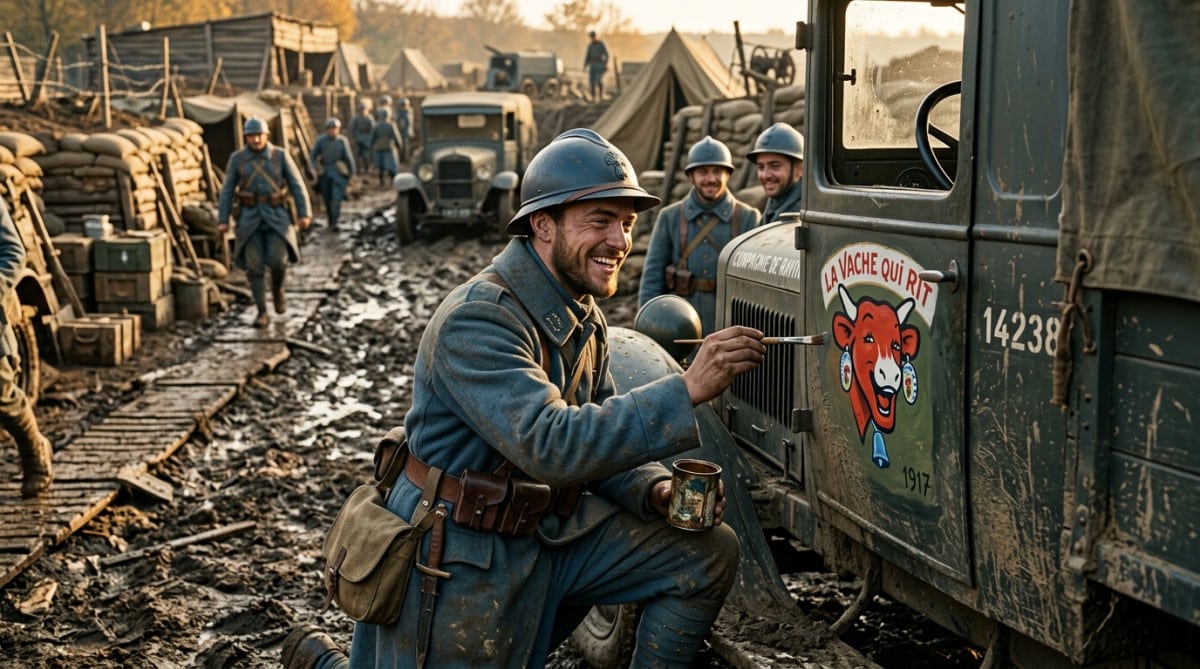 Soldat peignant la vache hilare Wachkyrie sur un camion en 1917