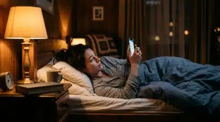 Personne regardant son téléphone au lit le soir