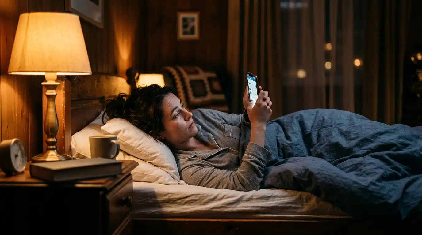 Personne regardant son téléphone au lit le soir