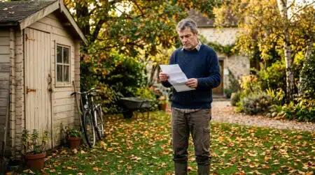 Homme découvrant un courrier du fisc devant son abri de jardin