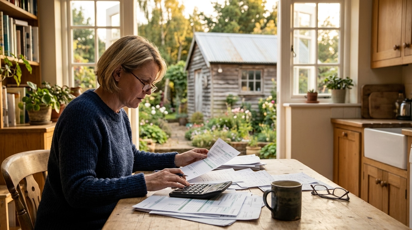 Femme vérifiant un avis de taxe d'aménagement à sa table