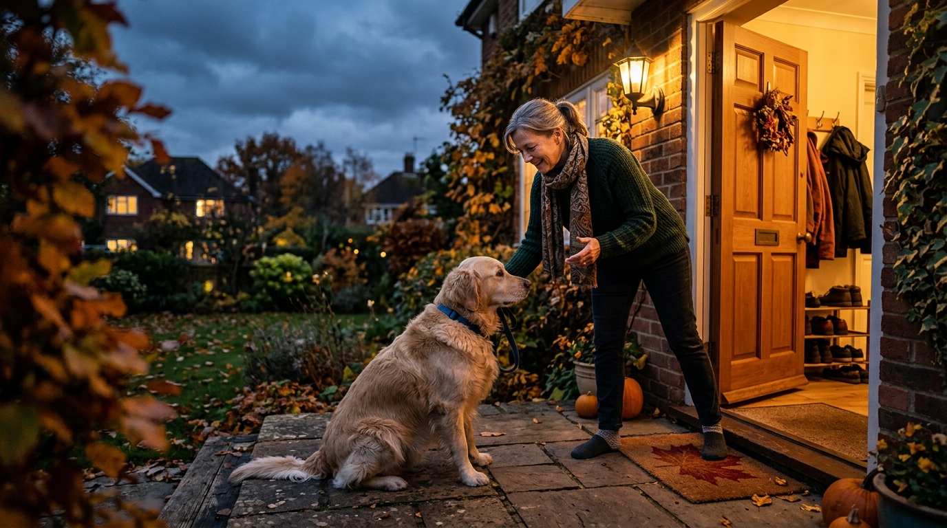 Femme encourageant son chien réticent à sortir le soir
