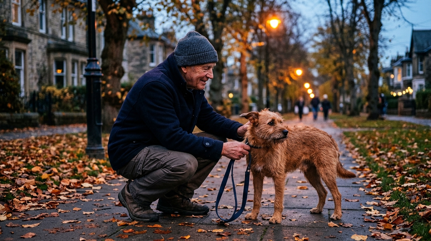 Homme accroupi avec son chien hésitant au crépuscule