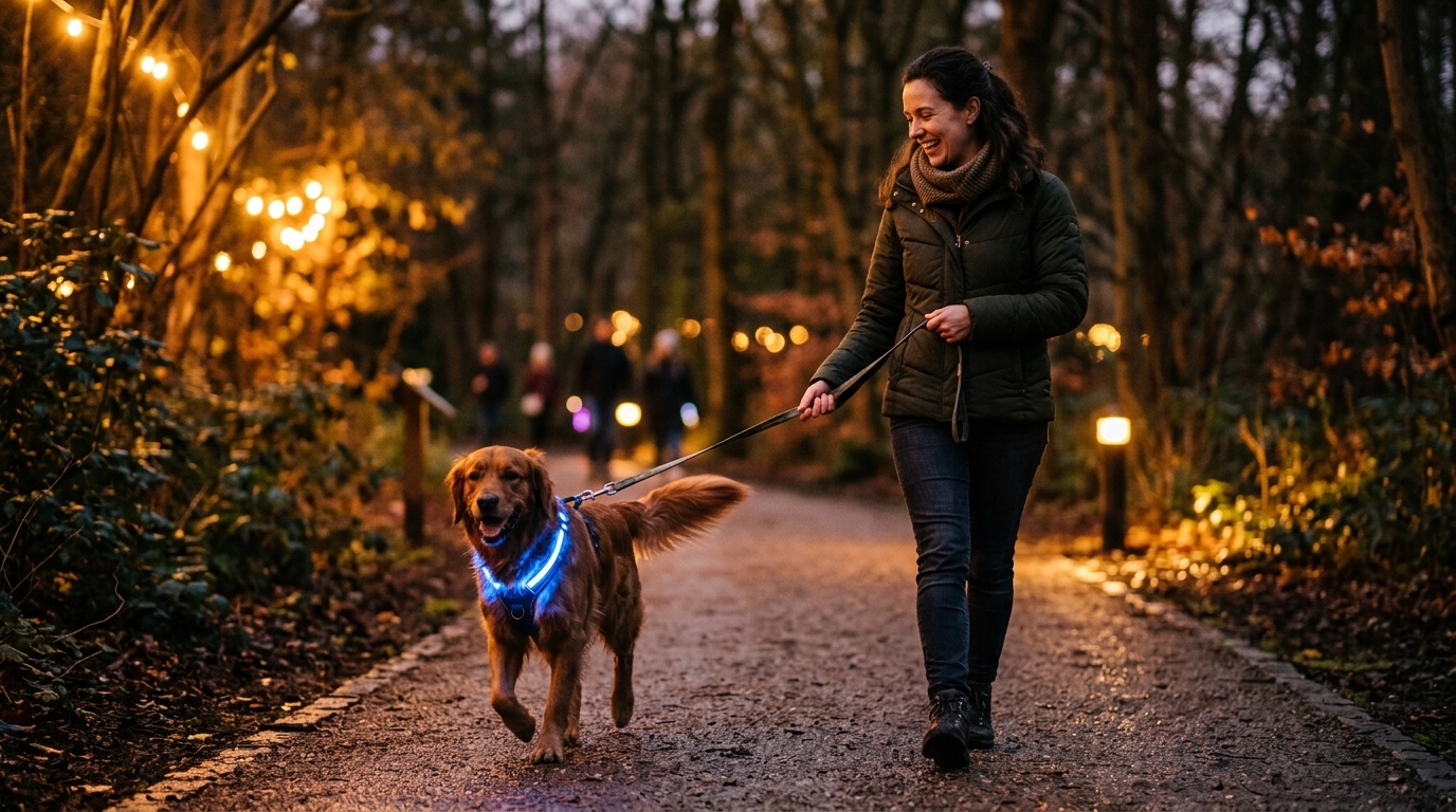 Chien avec harnais lumineux en promenade du soir