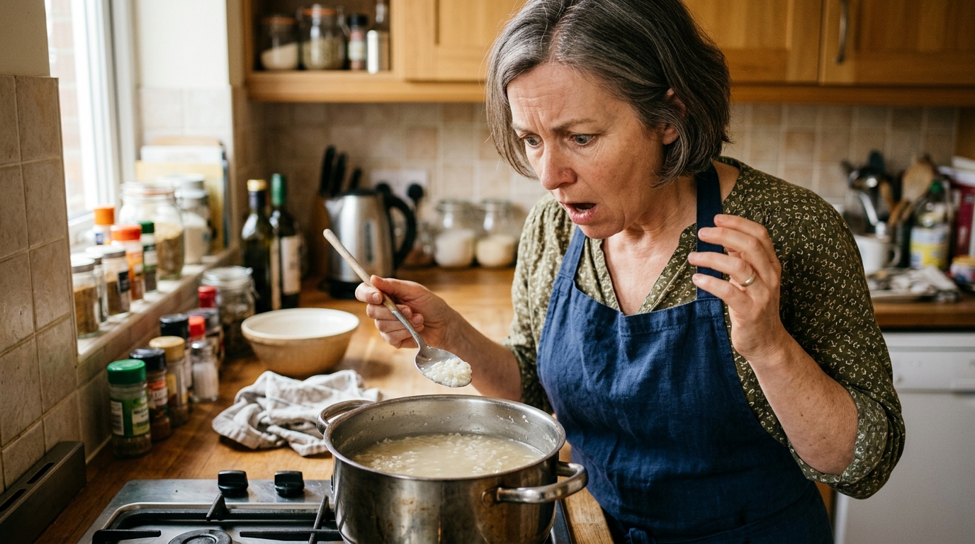 Homme surpris devant une casserole de riz au lait liquide