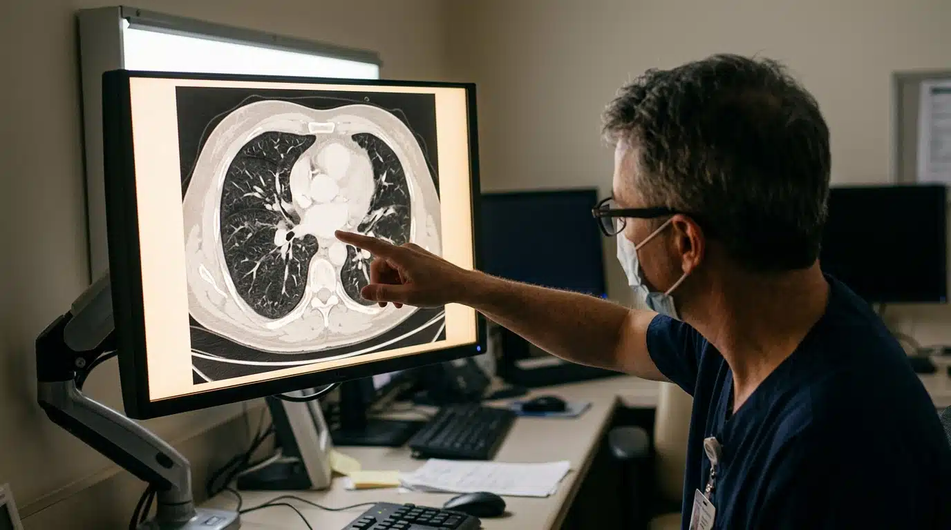 Scanner thoracique affiché sur écran d'imagerie médicale