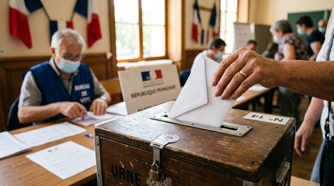 Main glissant une enveloppe dans une urne électorale
