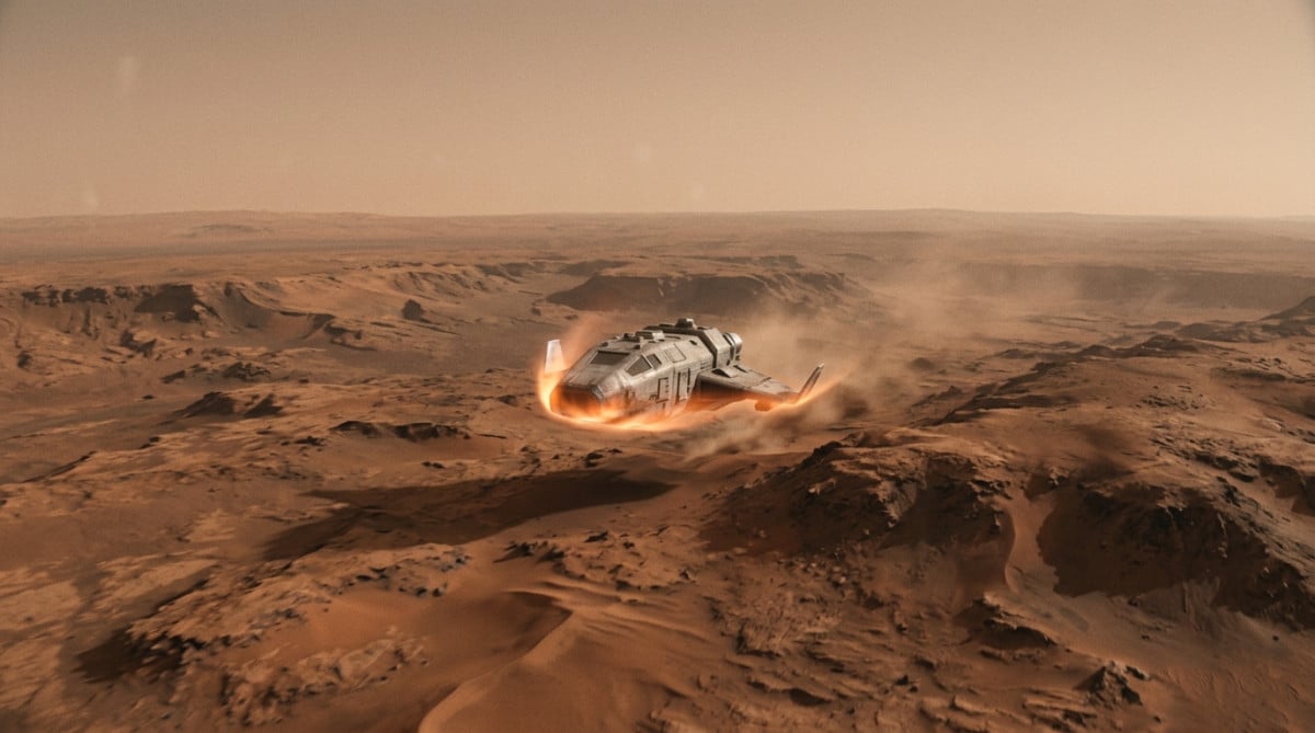 Sonde spatiale frôlant l'atmosphère rougeoyante de Mars