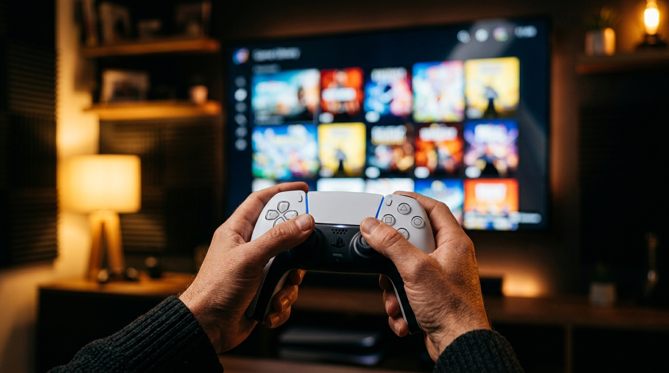 Mains tenant une manette PS5 face à un écran de jeux numériques