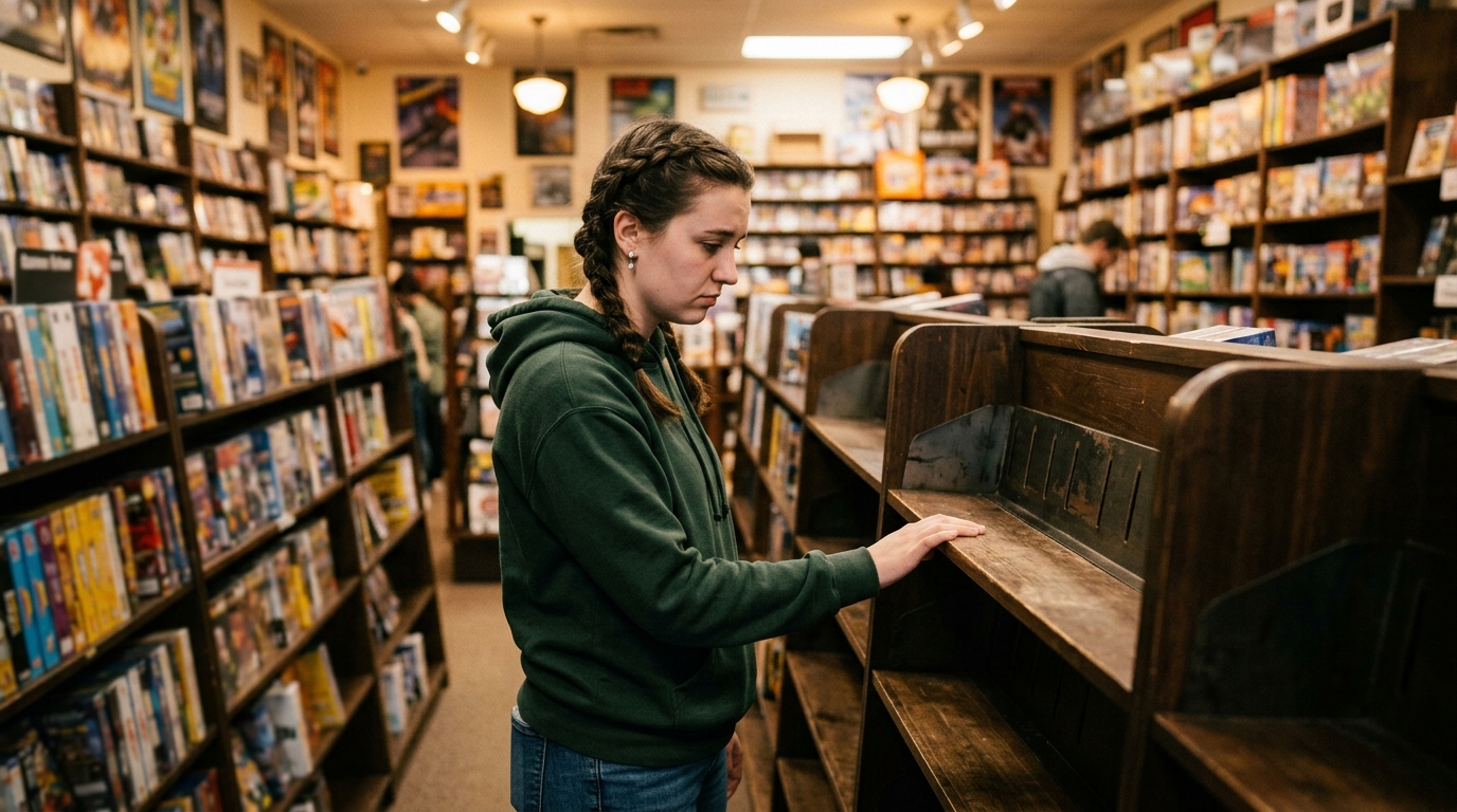 Femme déçue devant un rayon de jeux vidéo physiques vide
