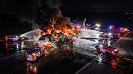 Avion cargo en feu sur une piste d'aéroport la nuit