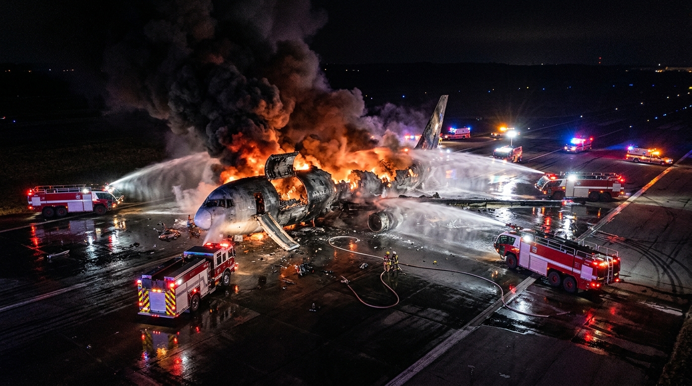 Avion cargo en feu sur une piste d'aéroport la nuit
