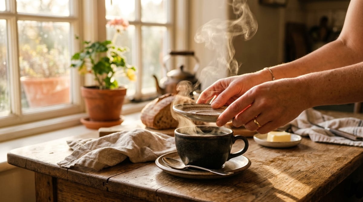 Soucoupe posée comme couvercle sur une tasse de café