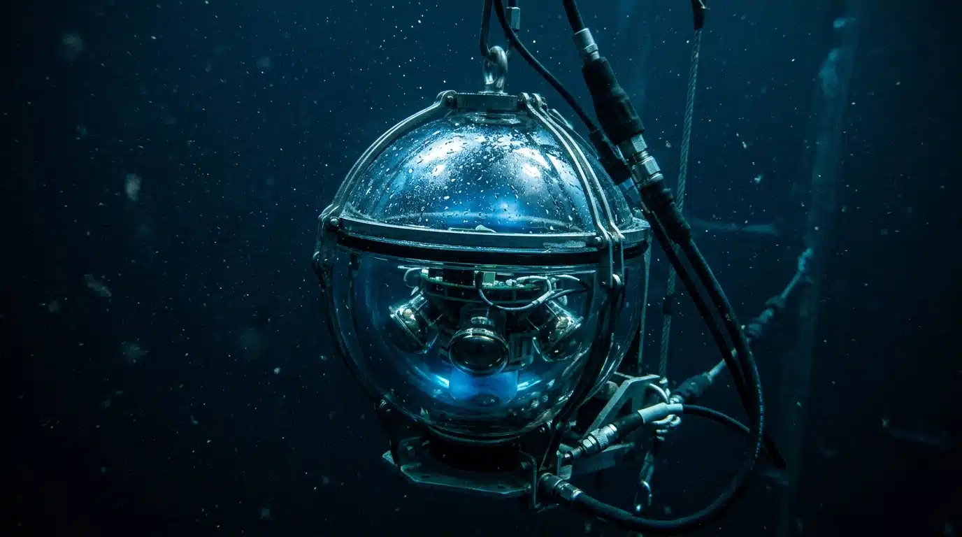 Sphère de verre immergée dans l'eau profonde et sombre