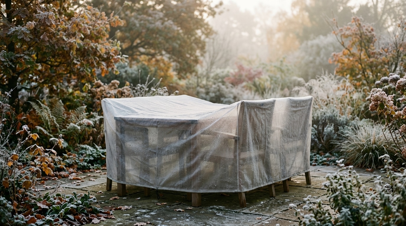 Housse de protection sur mobilier de jardin en automne